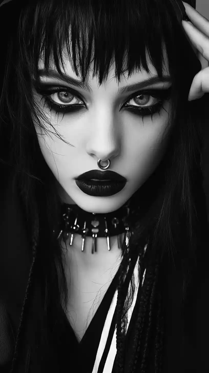 Gothic anime woman in striped hoodie with intense gaze
