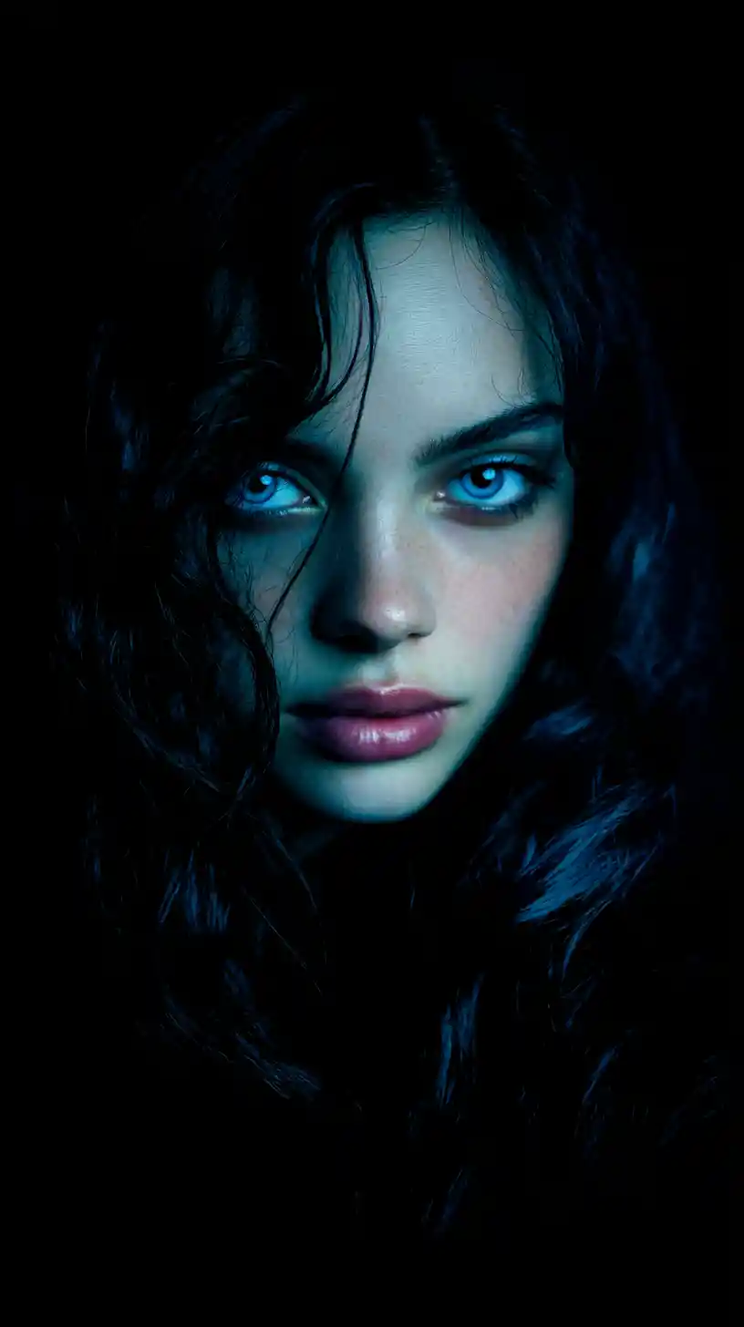 Anime girl with electric blue eyes in dramatic close up