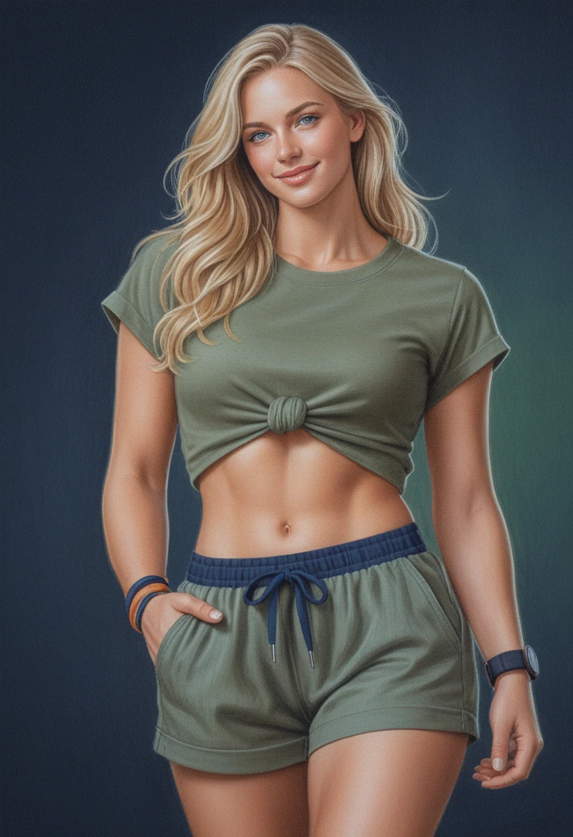 Femme blonde athlétique en crop top, portrait en pied