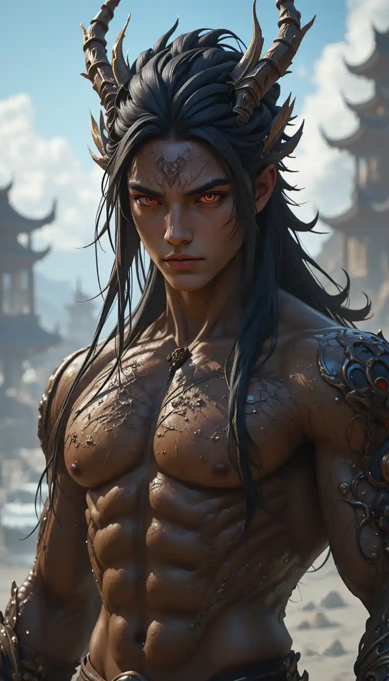 Muscular dragon man with horns and glowing amber eyes