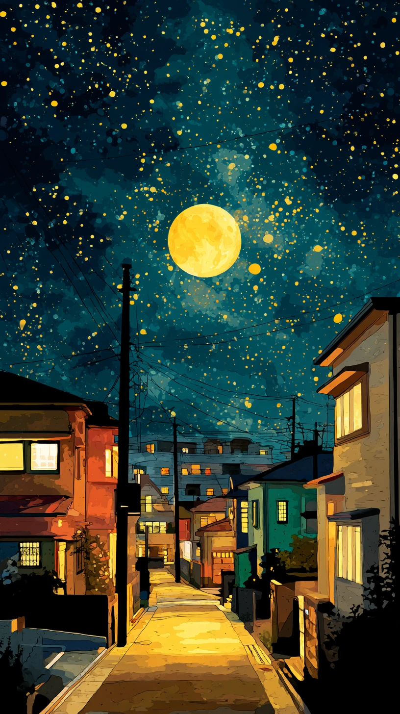 Japanese neighborhood street under a starry night sky