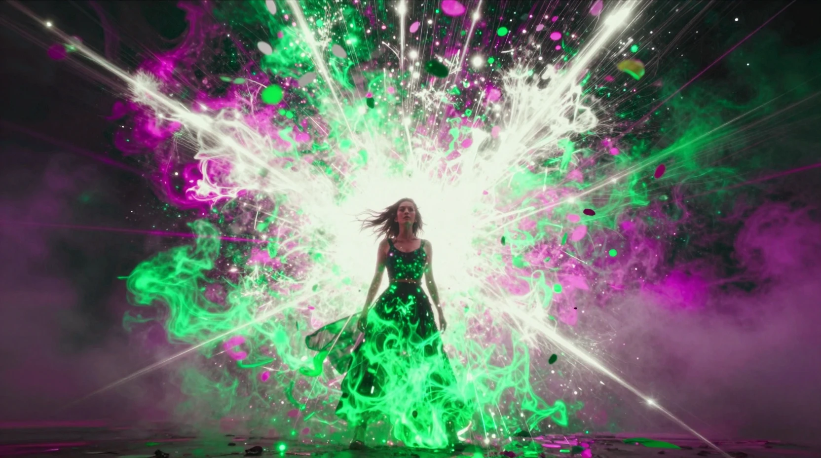 Woman engulfed in neon light during grand explosion