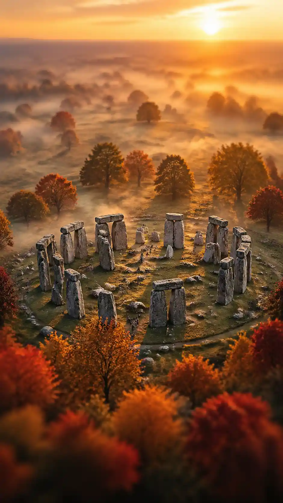 Surreal Stonehenge at sunrise in a misty autumn landscape