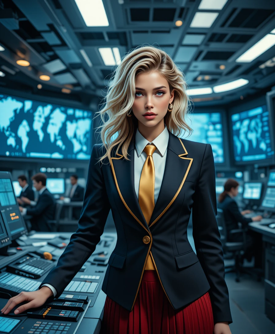 Blonde officer in red skirt in military command center