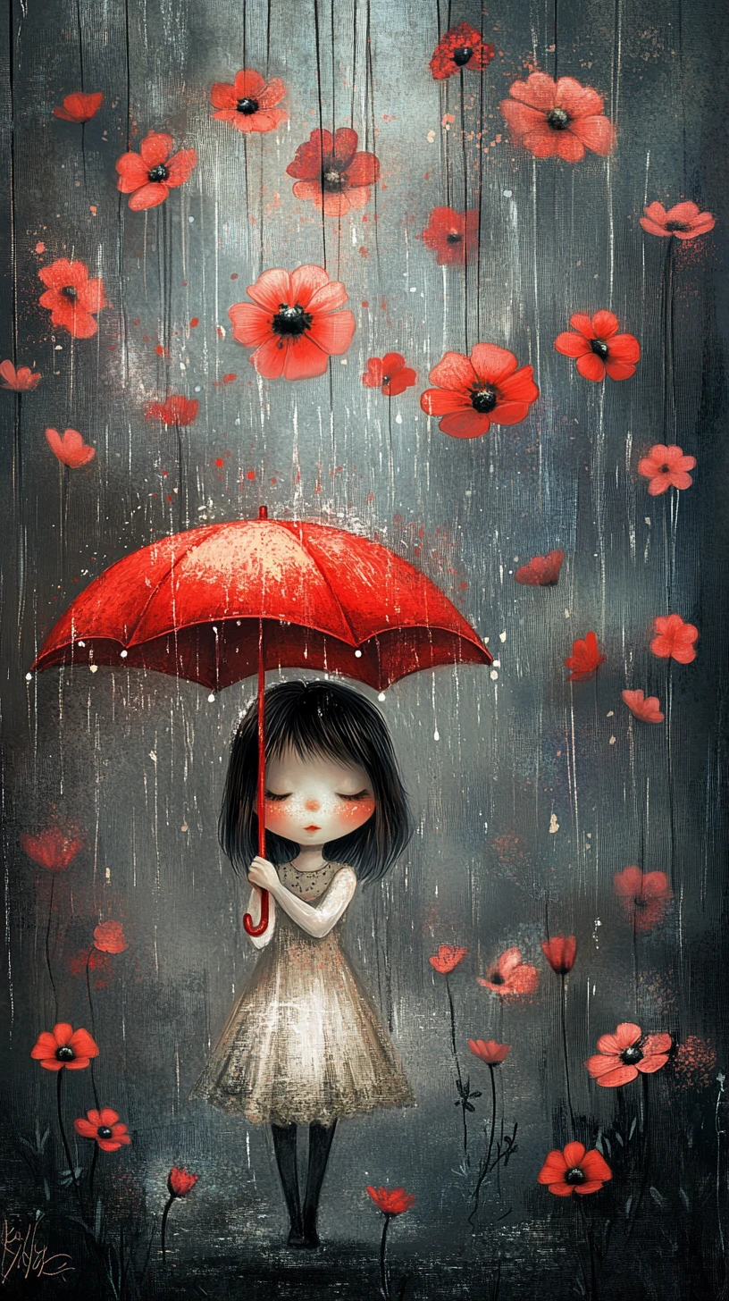 夢幻哥德風雨景中的花傘少女