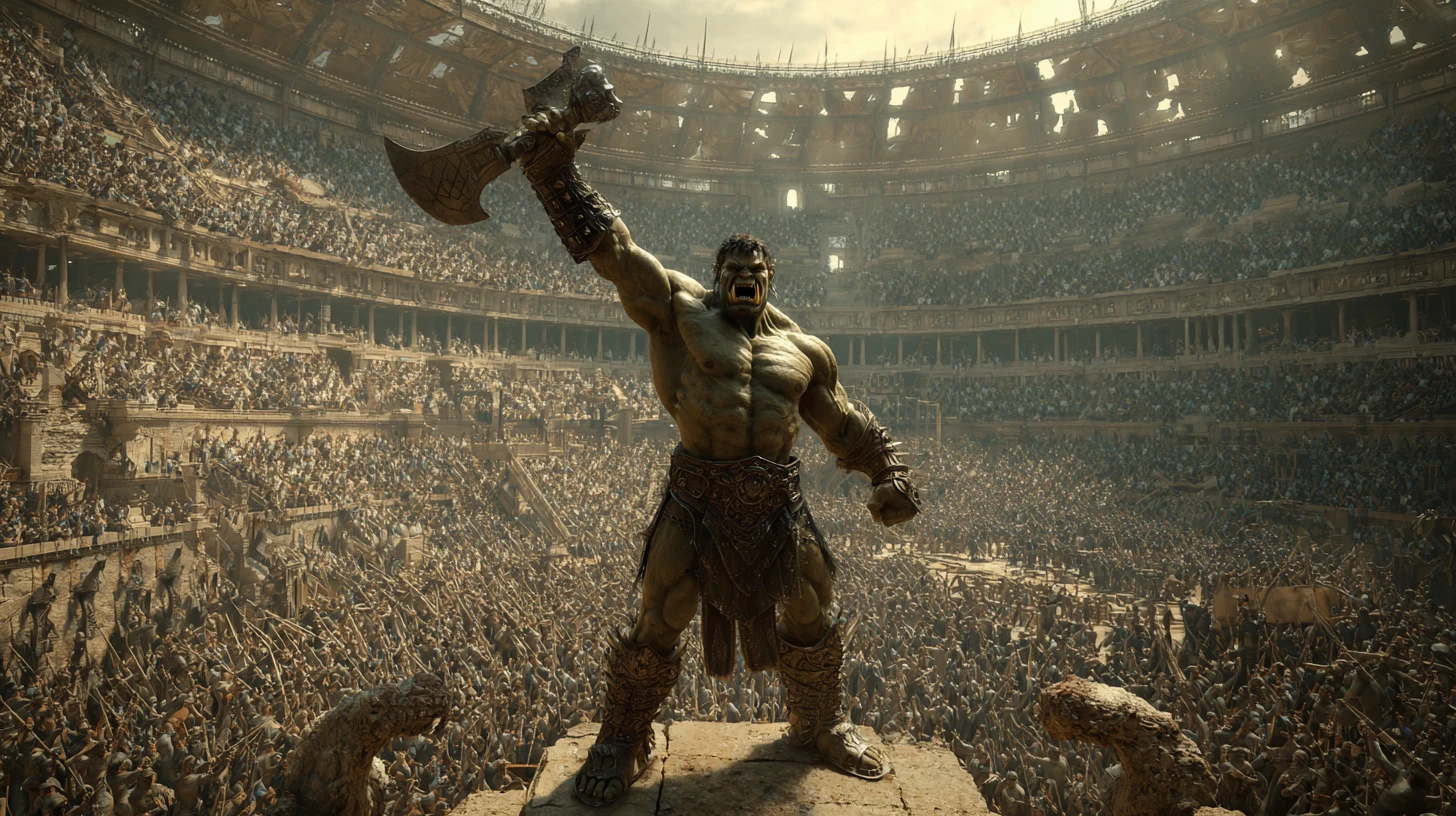Orc gladiator warrior raising battle axe in victory