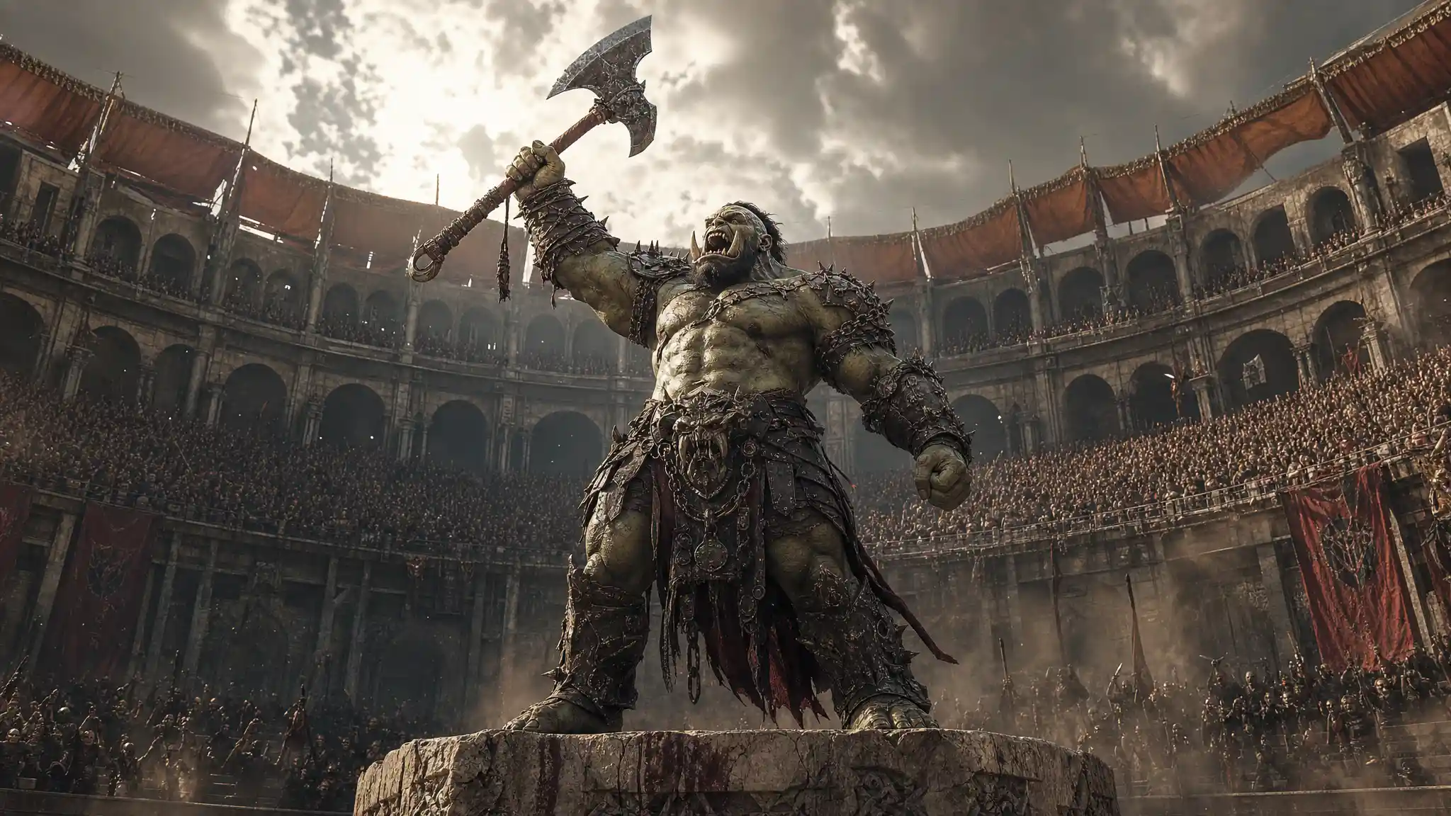 Orc warrior triumphant in a vast gladiator arena