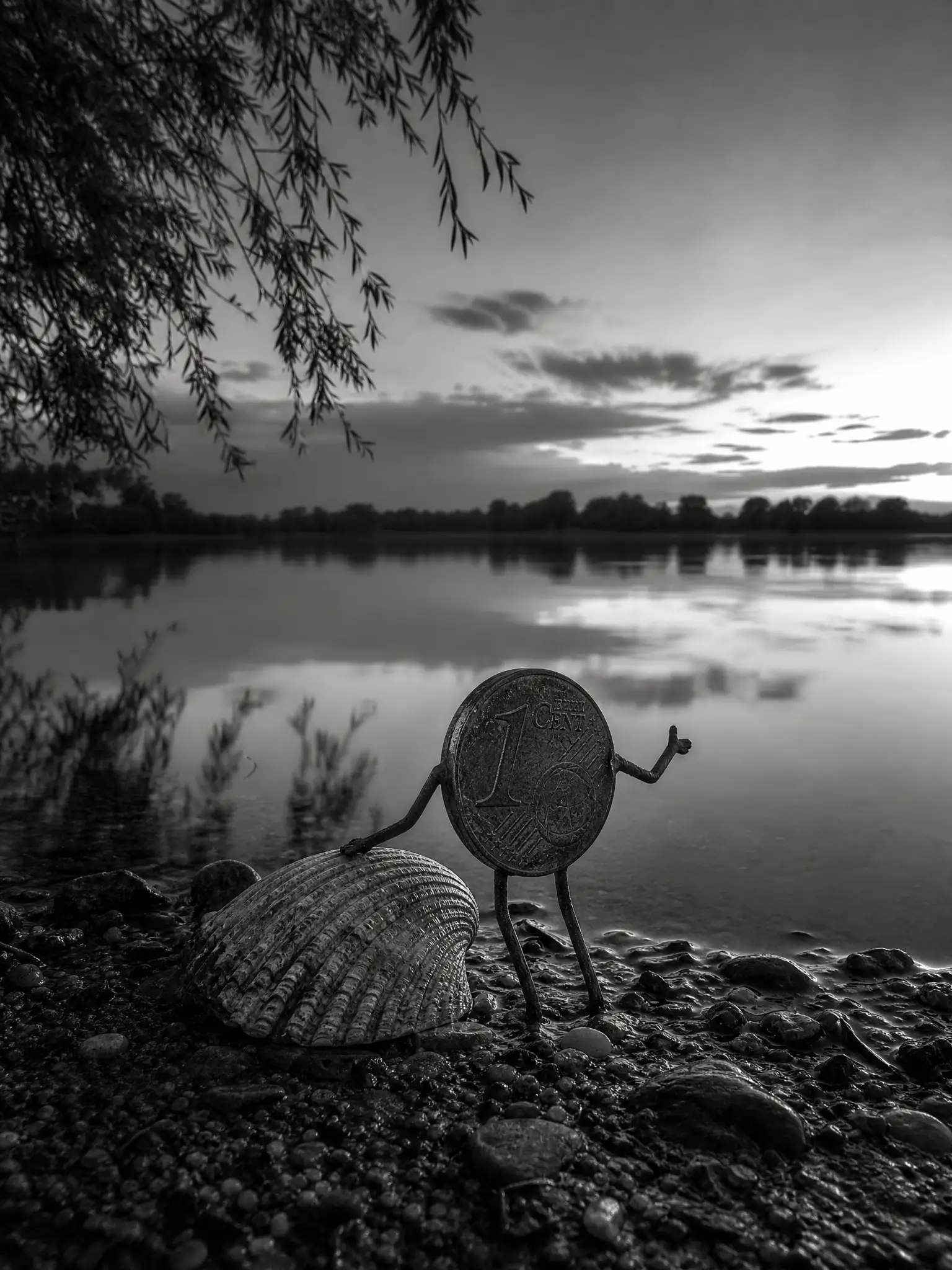 Lonely one cent coin with limbs by a calm river
