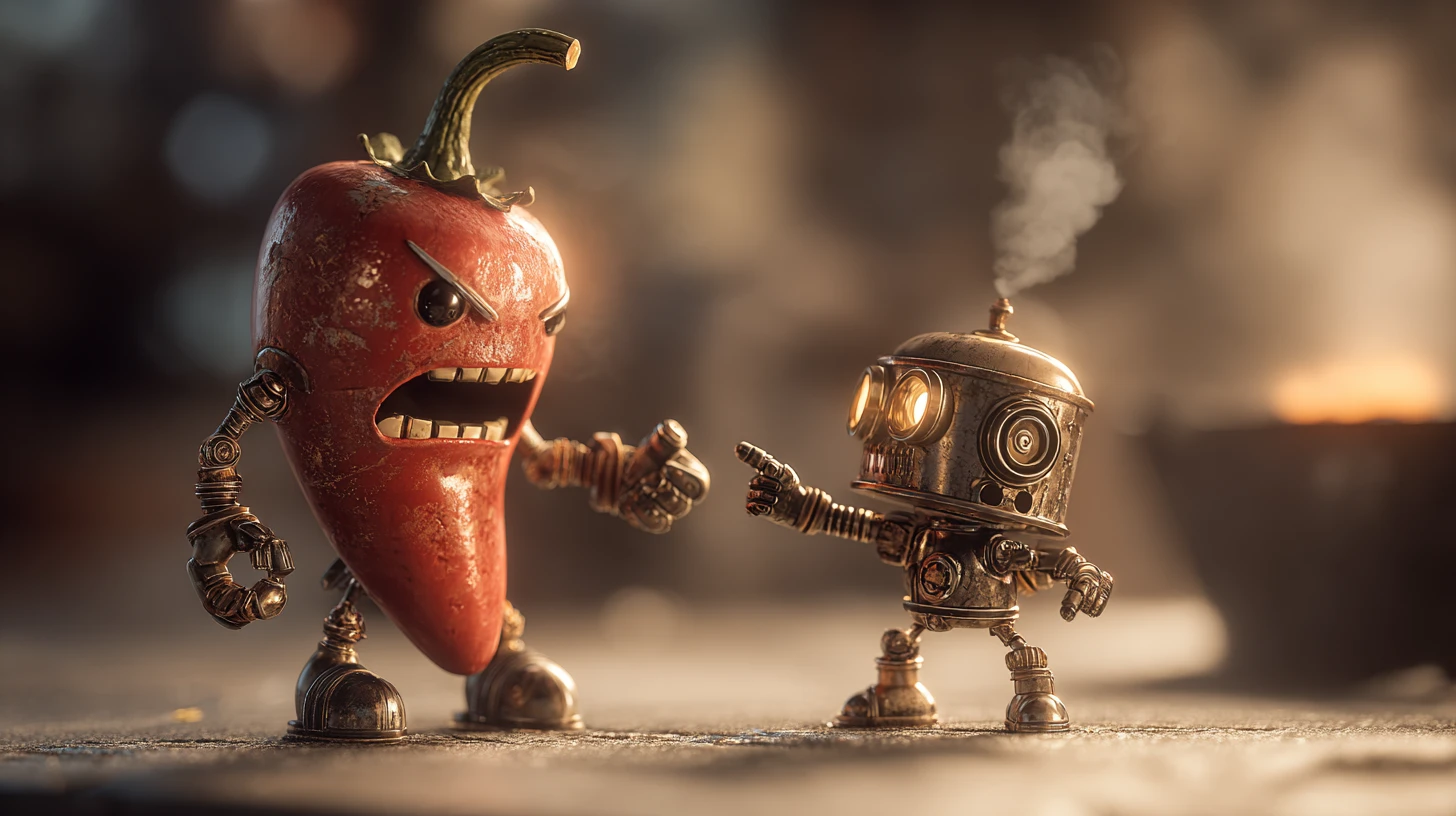 Steampunk chili pepper facing off with brave metal boy