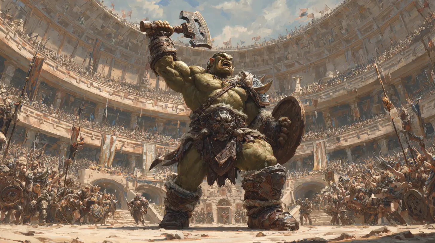 Orc gladiator warrior celebrating victory in a vast arena