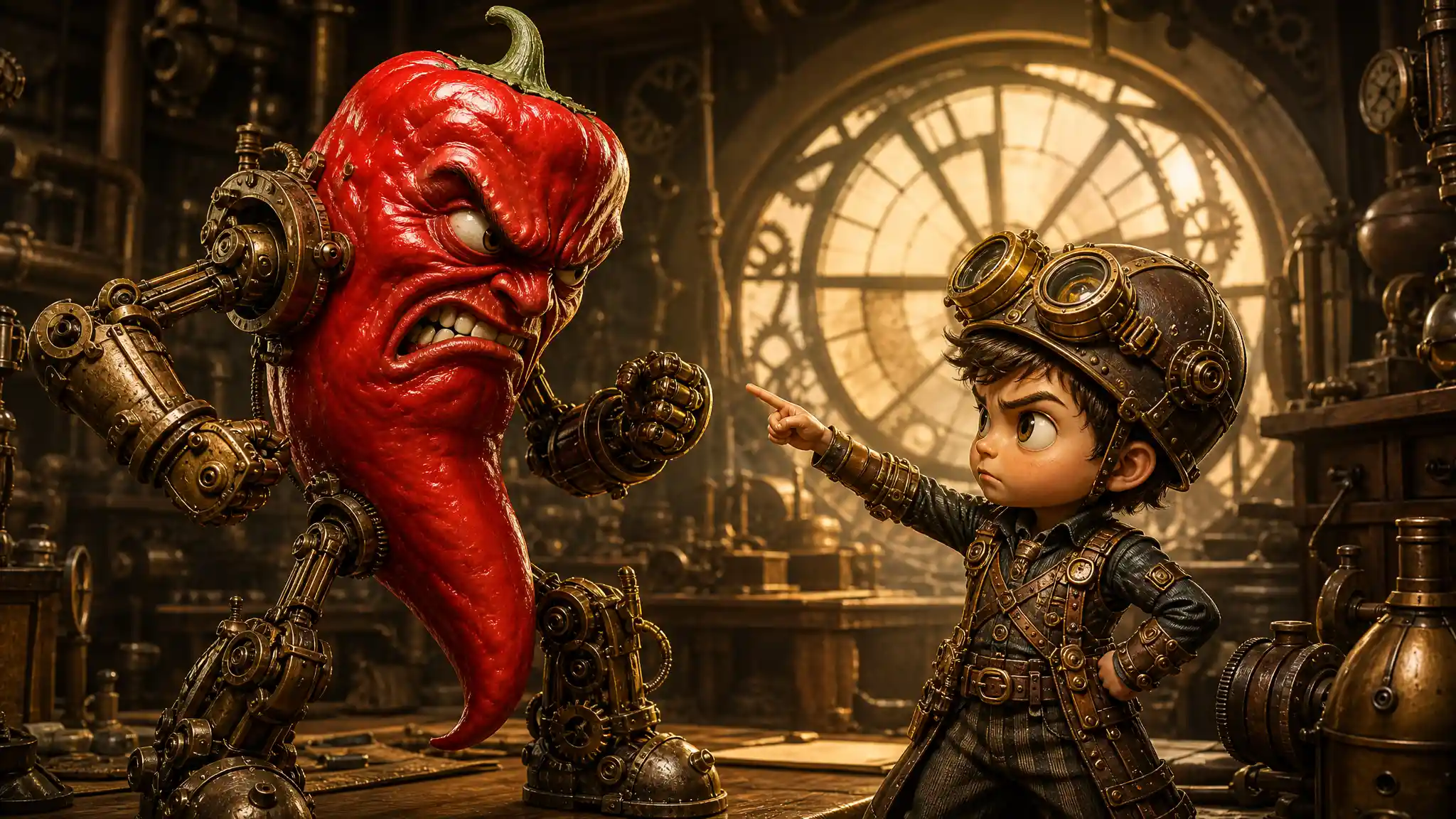 Steampunk chili villain confronted by brave mechanical boy