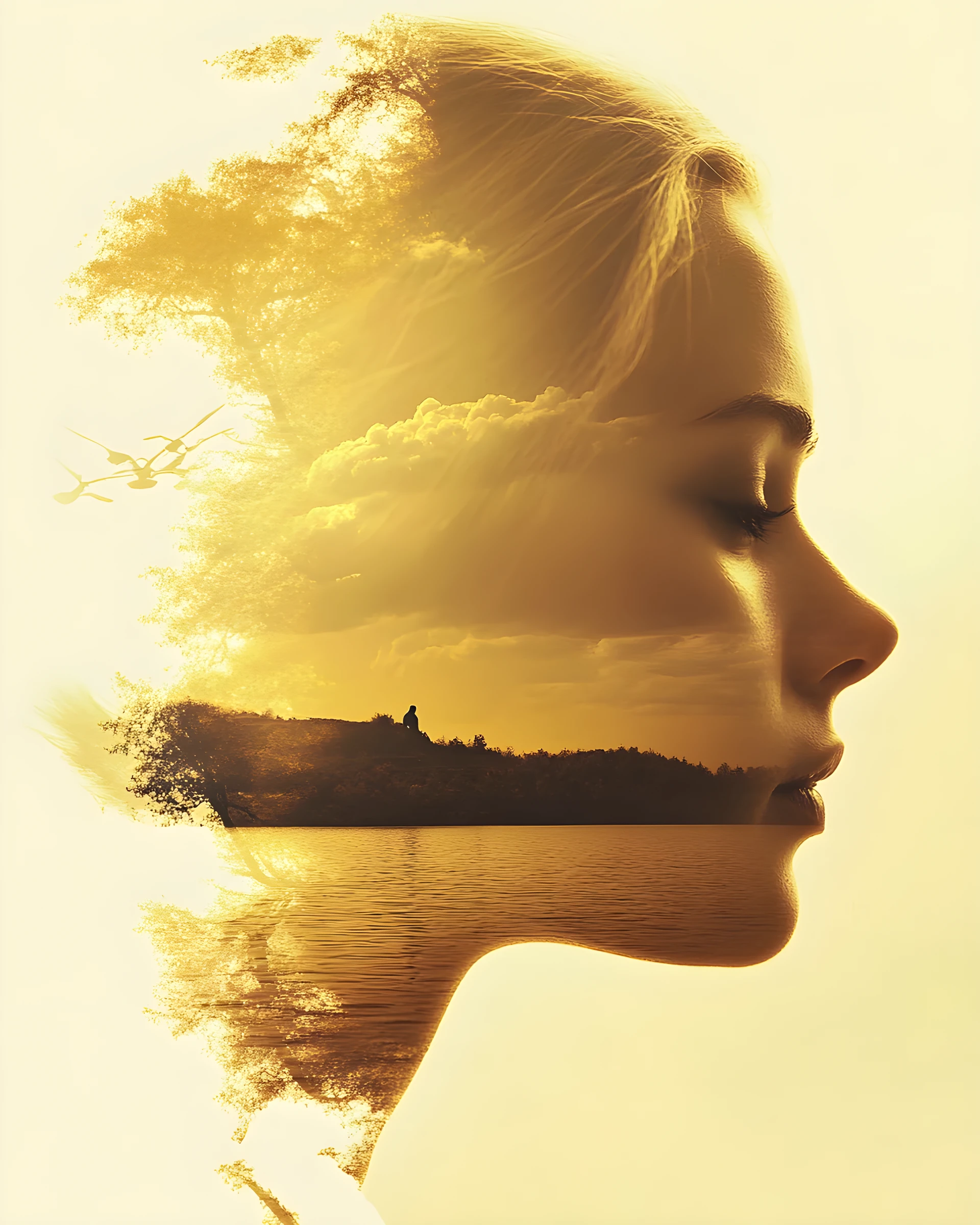 Double exposure portrait of a woman with tranquil lakeside