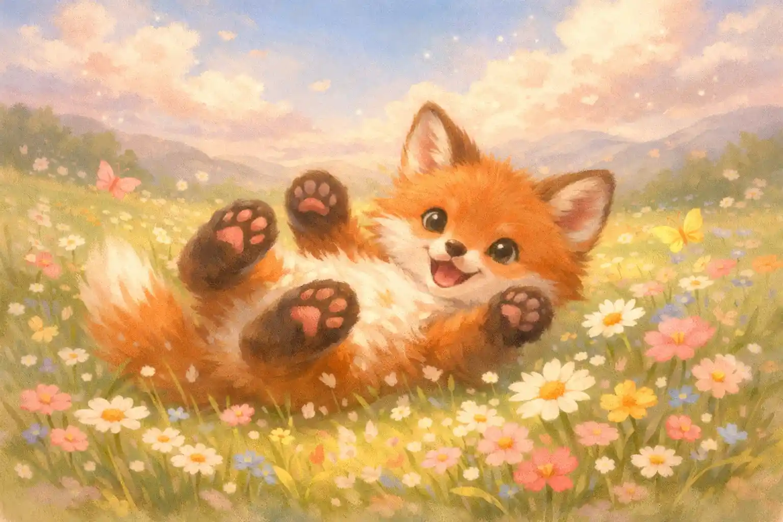 Cute baby fox rolling in a spring meadow illustration