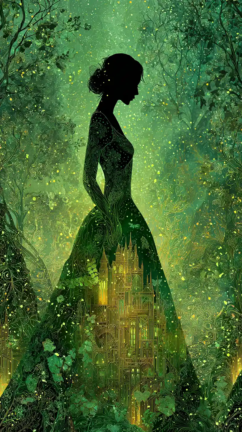 Enchanted Forest Woman Silhouette With Glowing Fairytale Kingdom