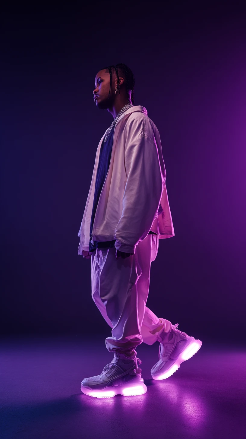Neon lit fashion model in cyberpunk streetwear profile pose