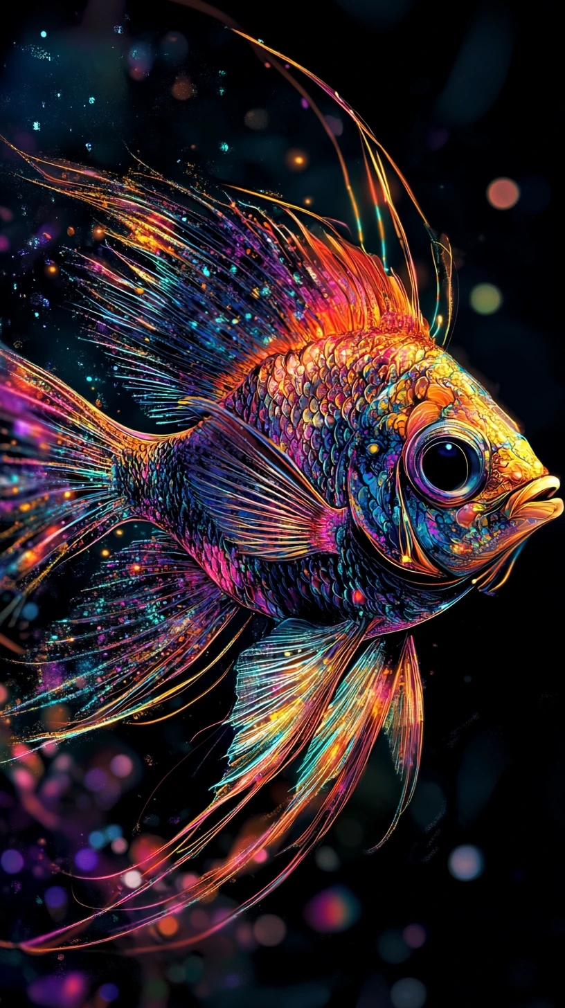 Neon double exposure angelfish close up on dark background