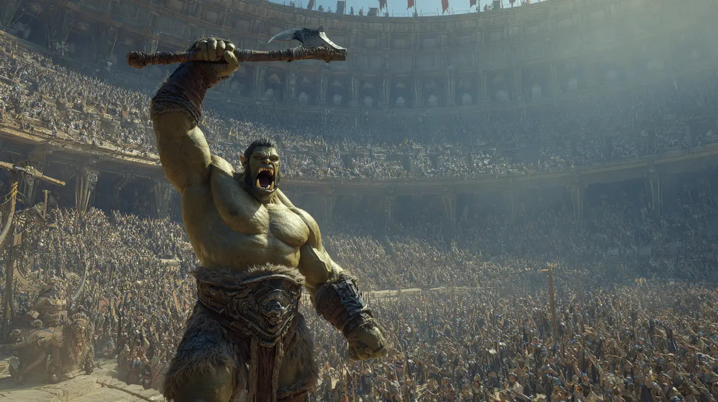 Triumphant orc warrior raising axe in a vast coliseum