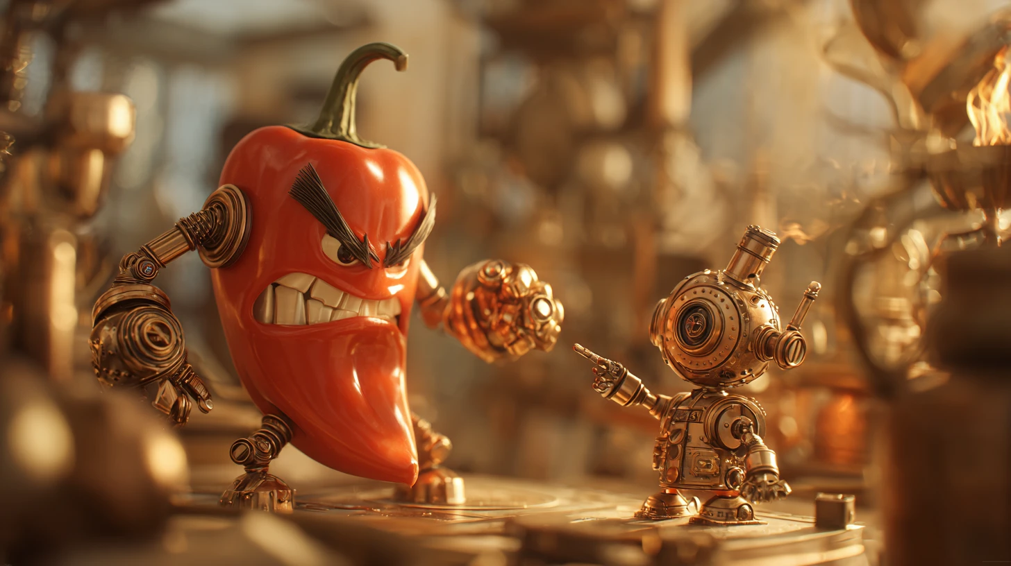 Chile picante steampunk frente a un valiente niño mecánico