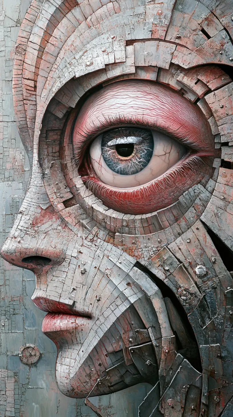 Surreal mixed media figure with large eyes and illusions