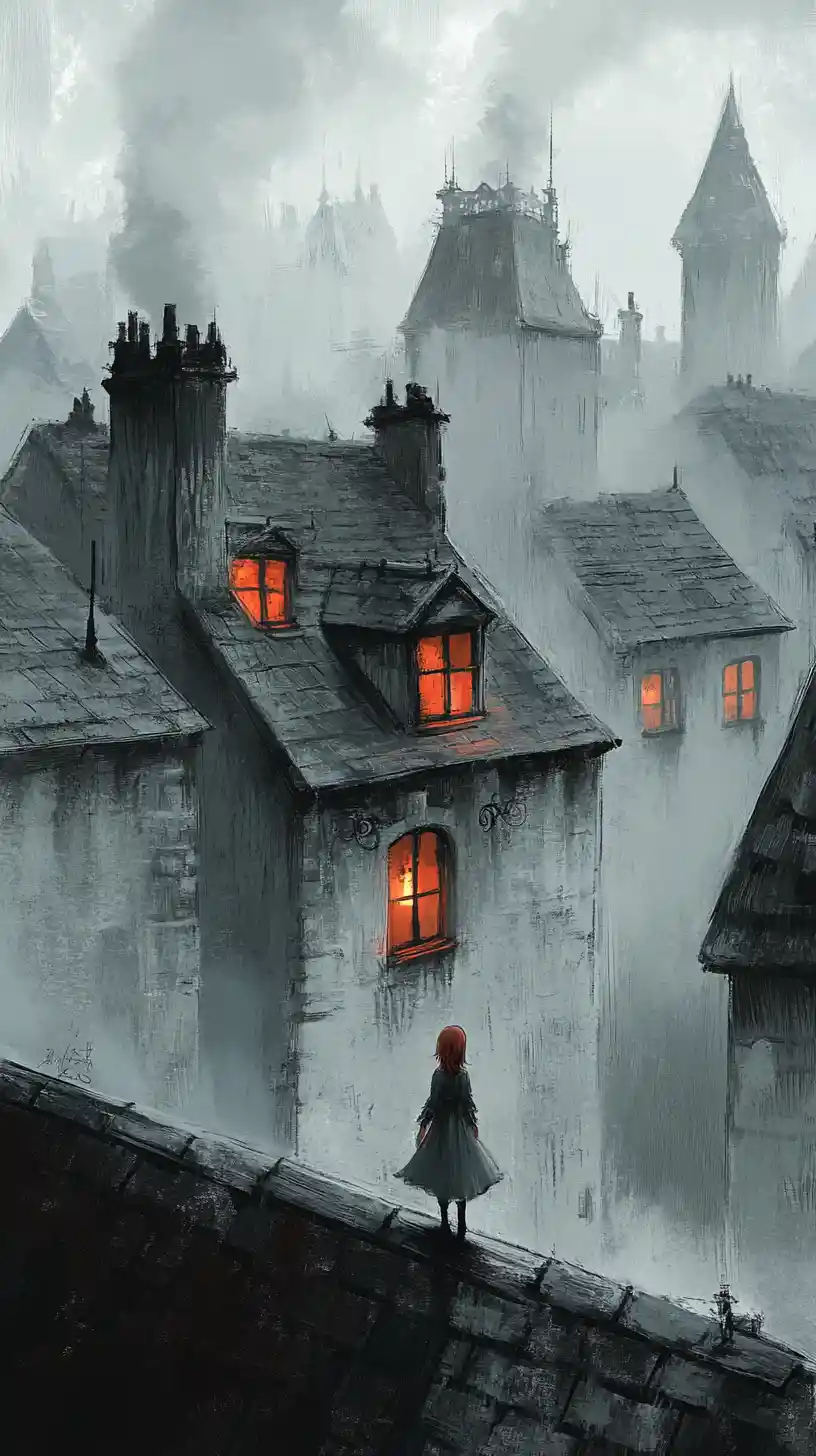Tiny girl walking across dreamy chimneys and sleeping rooftops