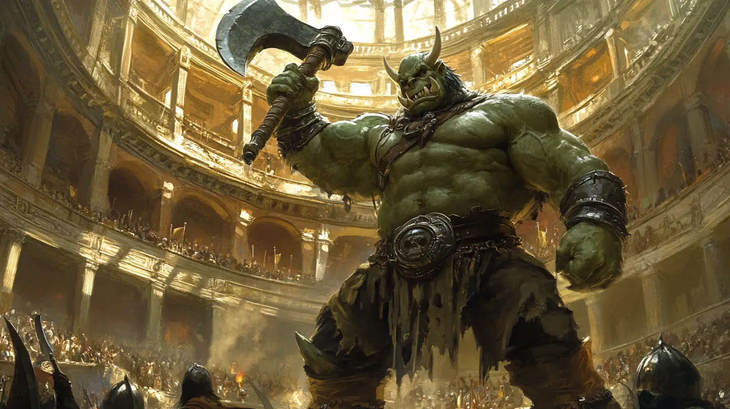 Orc warrior raising battle axe in vast gladiator arena