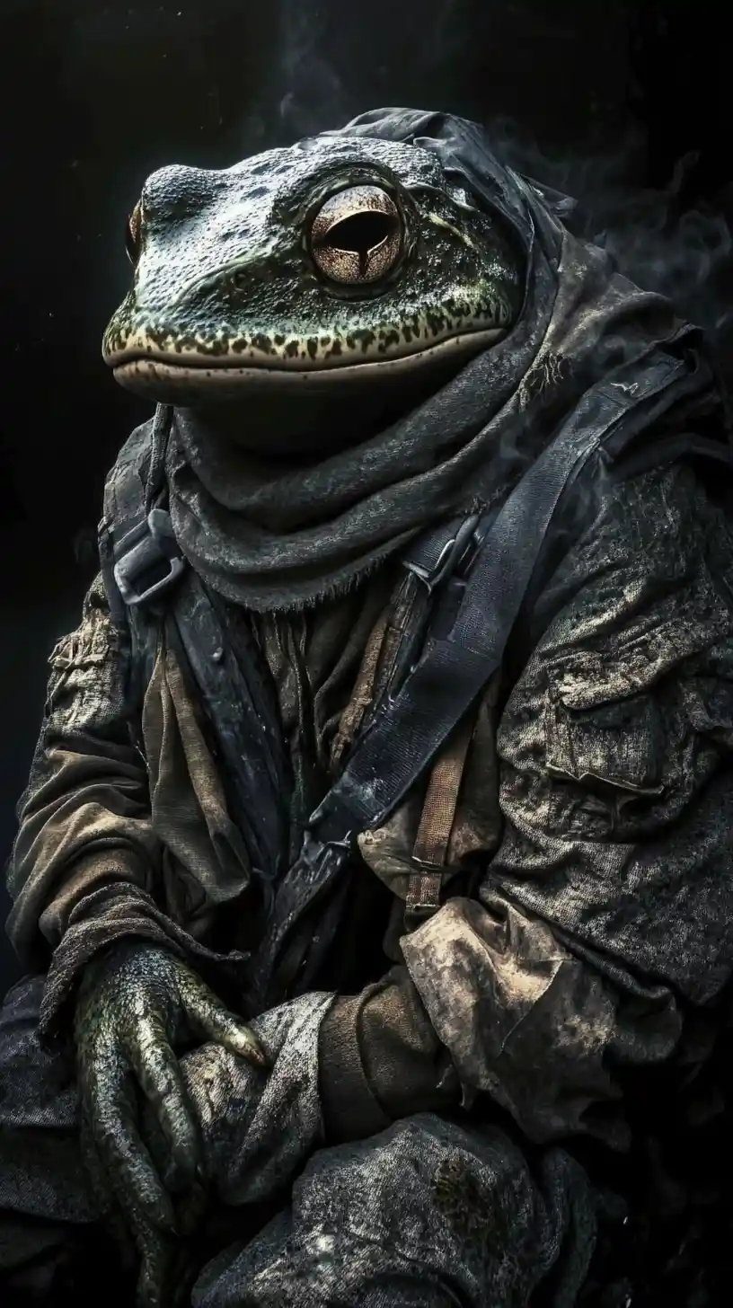 Relaxed amphibious creature in worn layered clothing