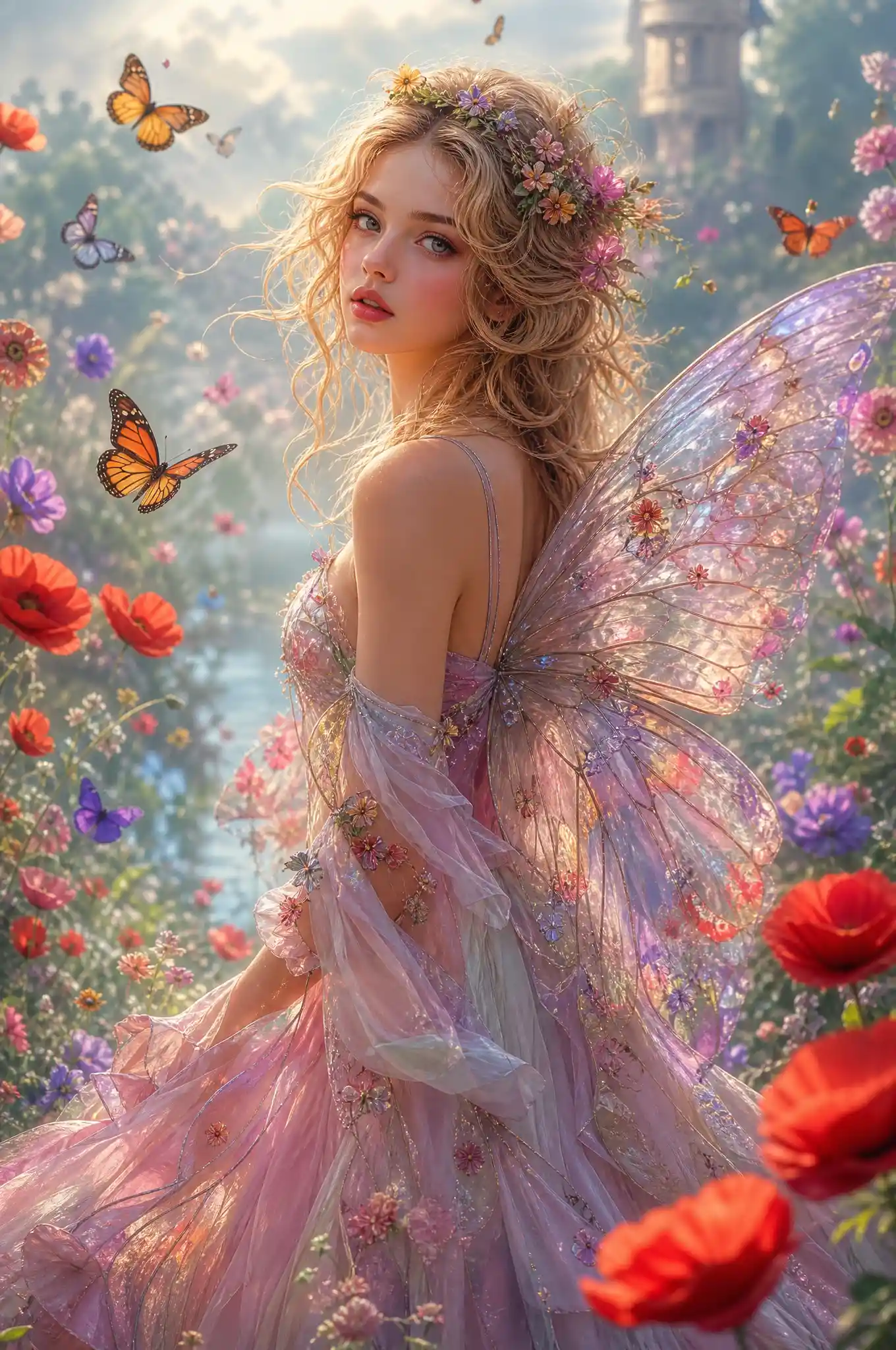 Blonde fantasy woman with wings among spring summer flowers