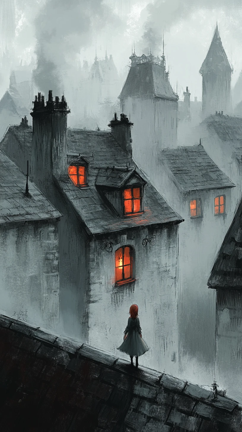 Tiny girl walking across dreamy chimneys and sleeping rooftops