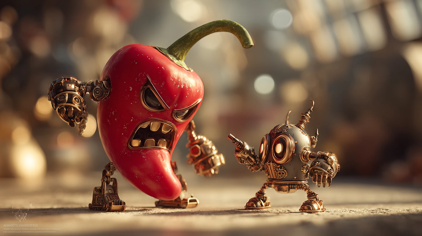 Steampunk-Chilischote trifft auf mutigen mechanischen Jungen