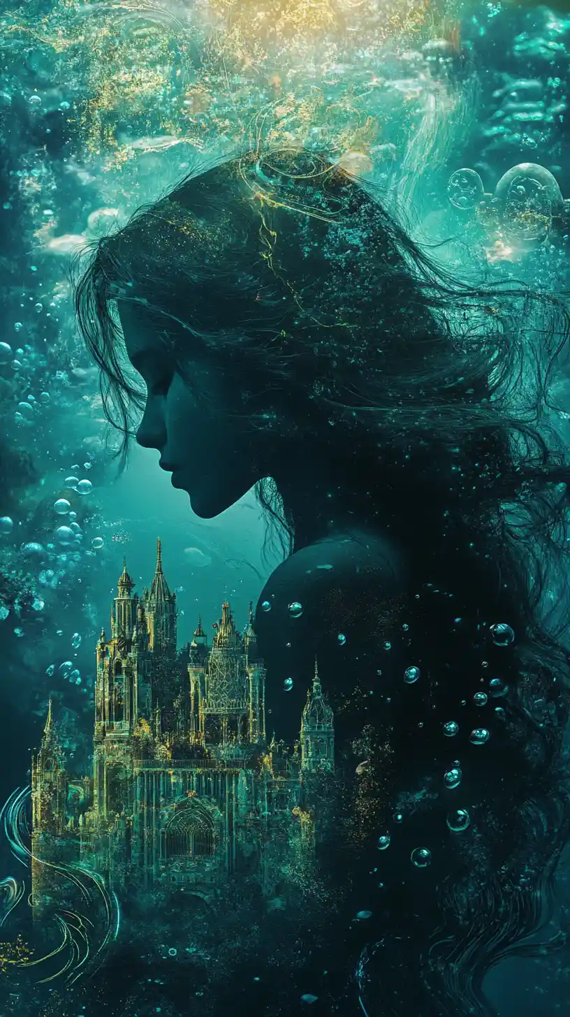 Feminine silhouette with underwater fairytale kingdom inside