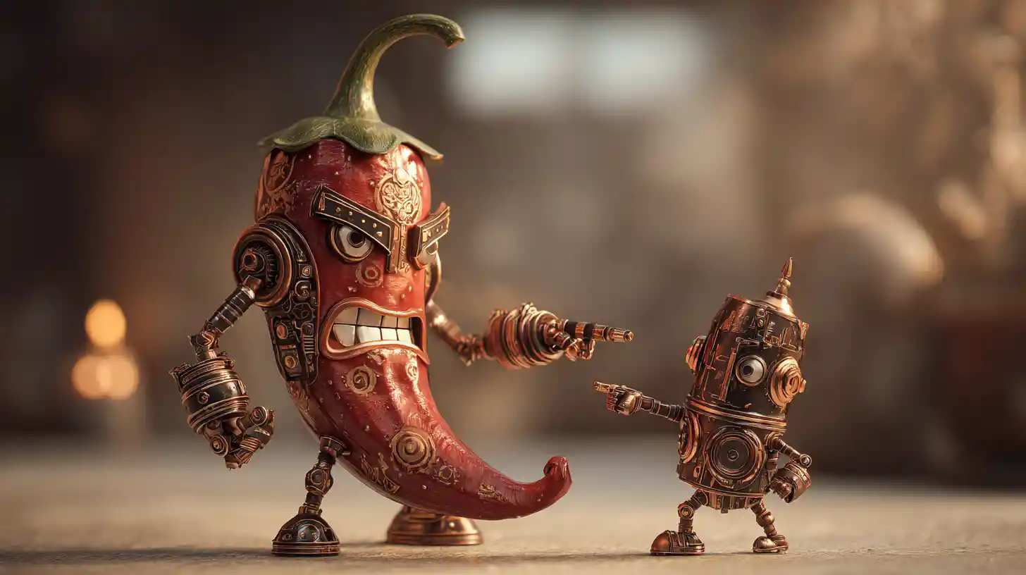 Steampunk chili pepper facing a brave mechanical boy
