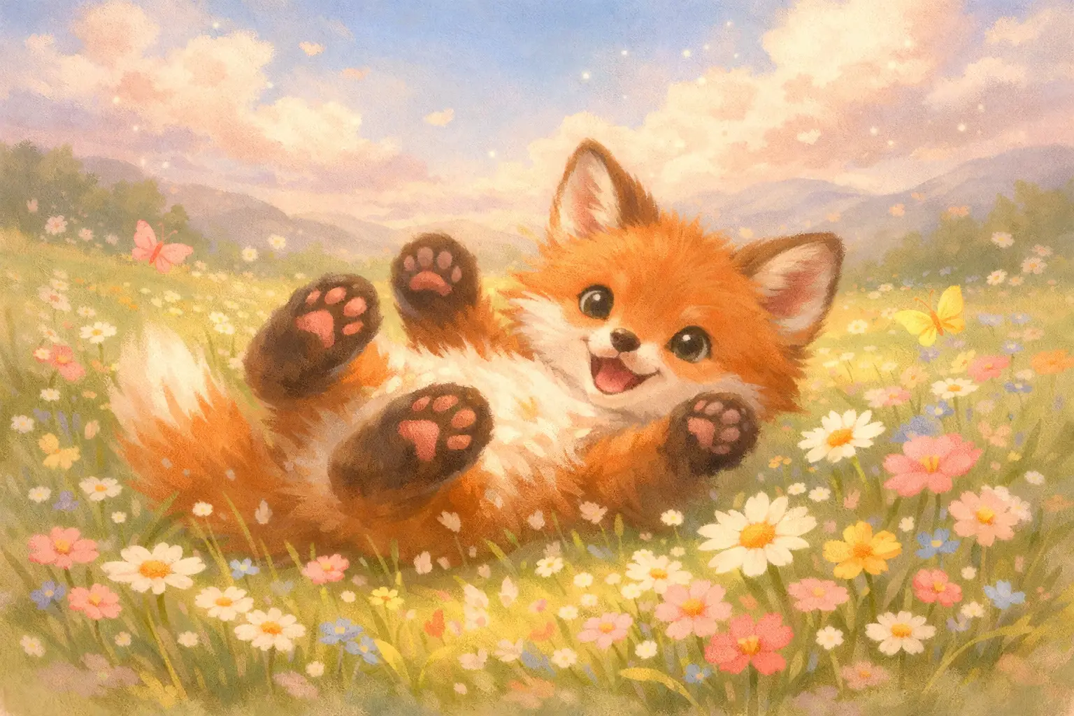 Ilustração de raposinha fofa rolando em um prado de primavera