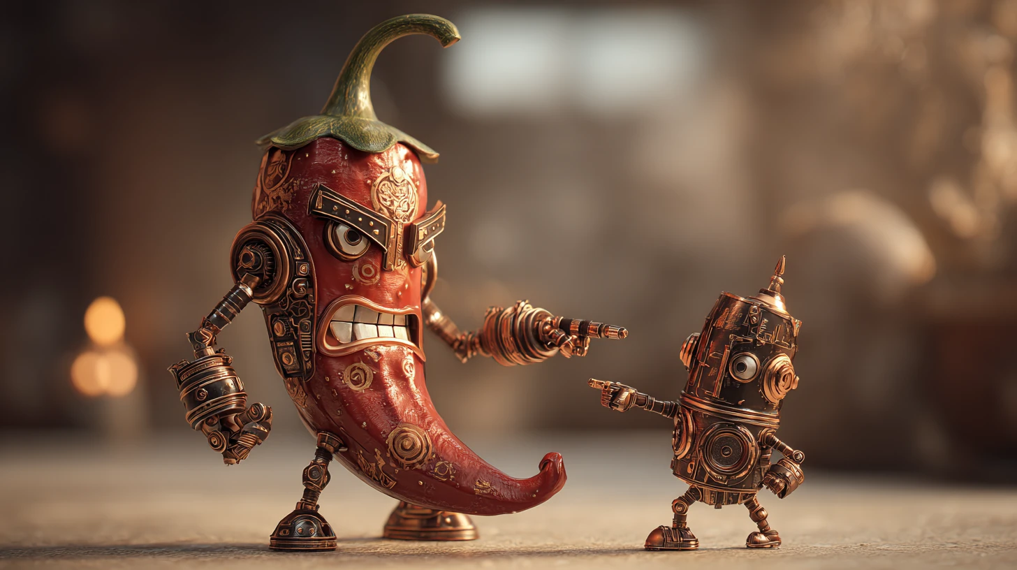 Steampunk chili pepper facing a brave mechanical boy