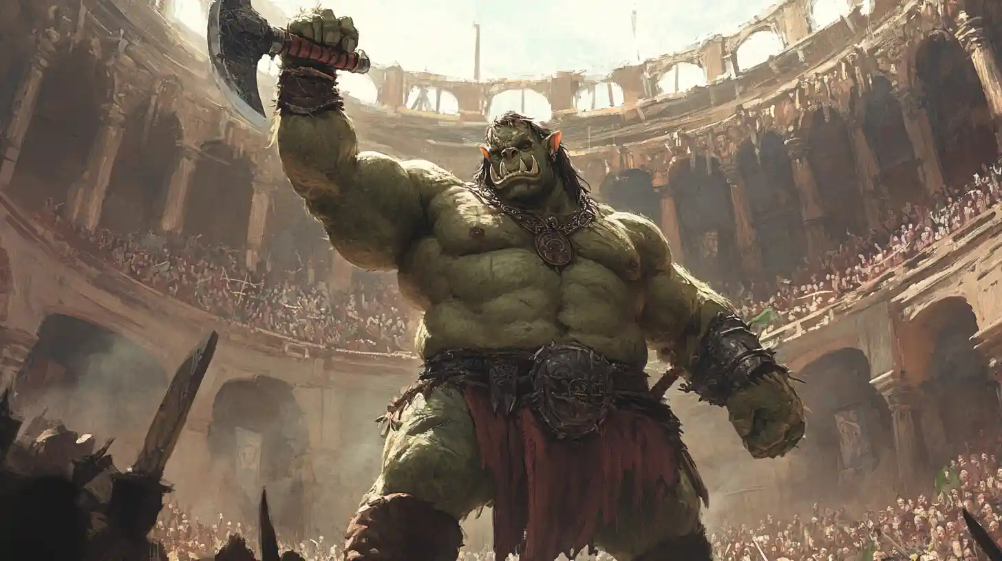 Victorious orc warrior raising axe in grand coliseum