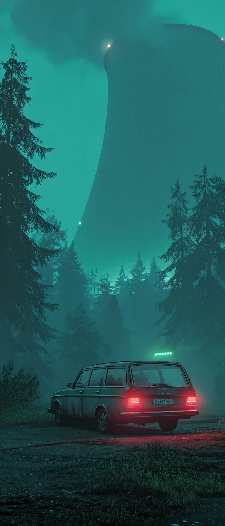 Rusty station wagon on dusk road with glowing tower