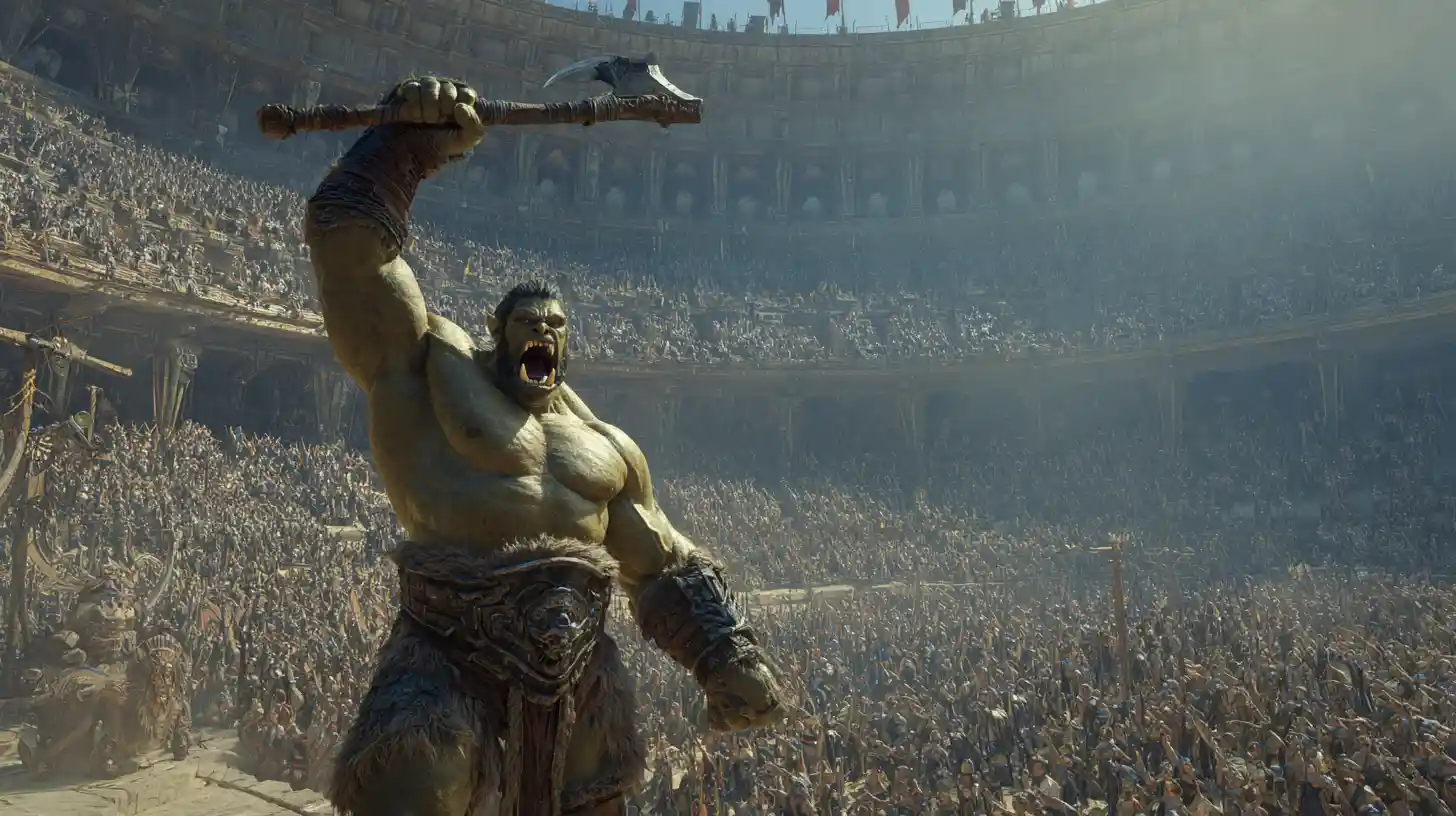 Triumphant orc warrior raising axe in a vast coliseum