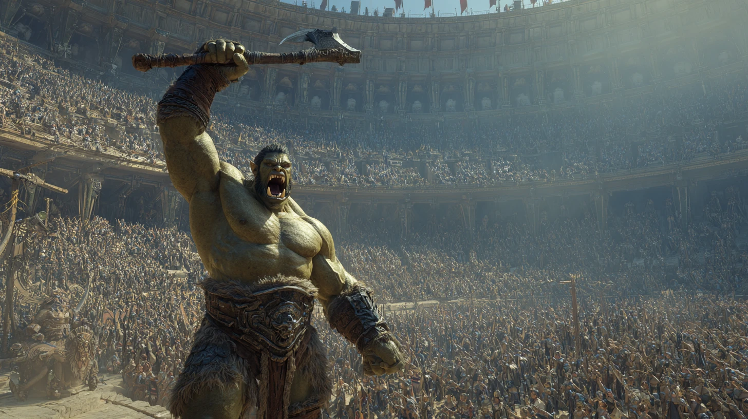 Triumphant orc warrior raising axe in a vast coliseum
