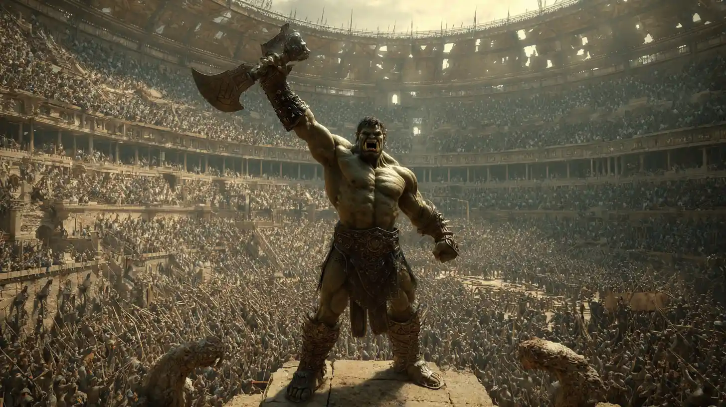 Orc gladiator warrior raising battle axe in victory