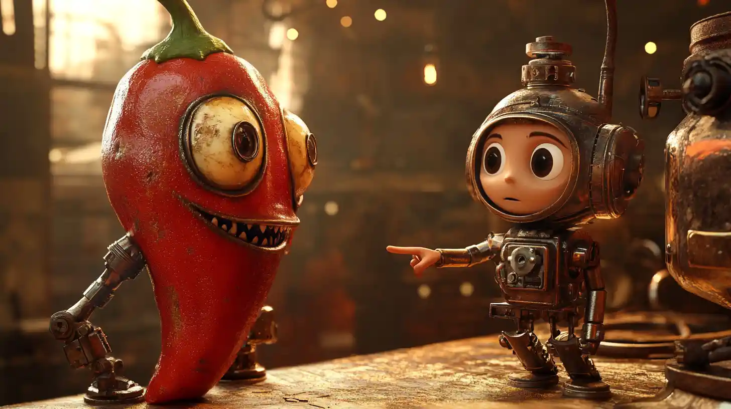 Steampunk chili pepper facing off with brave mechanical boy