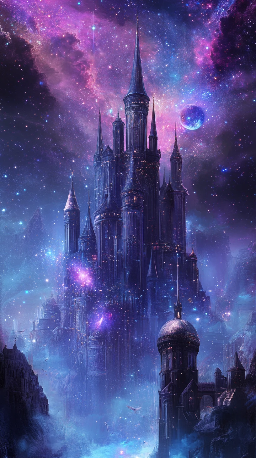 Ethereal castles merging with swirling starry galaxies