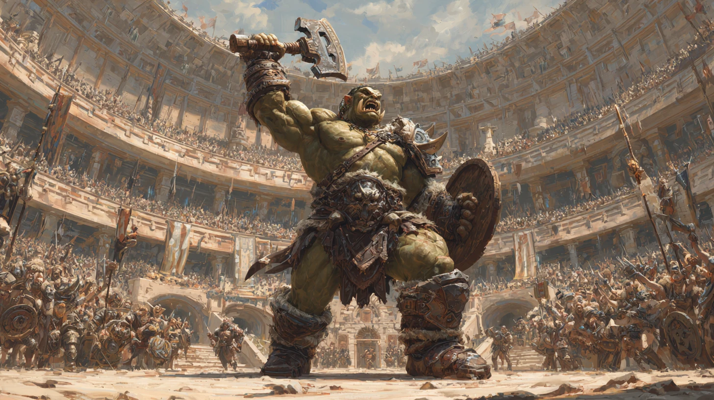 Orc gladiator warrior celebrating victory in a vast arena