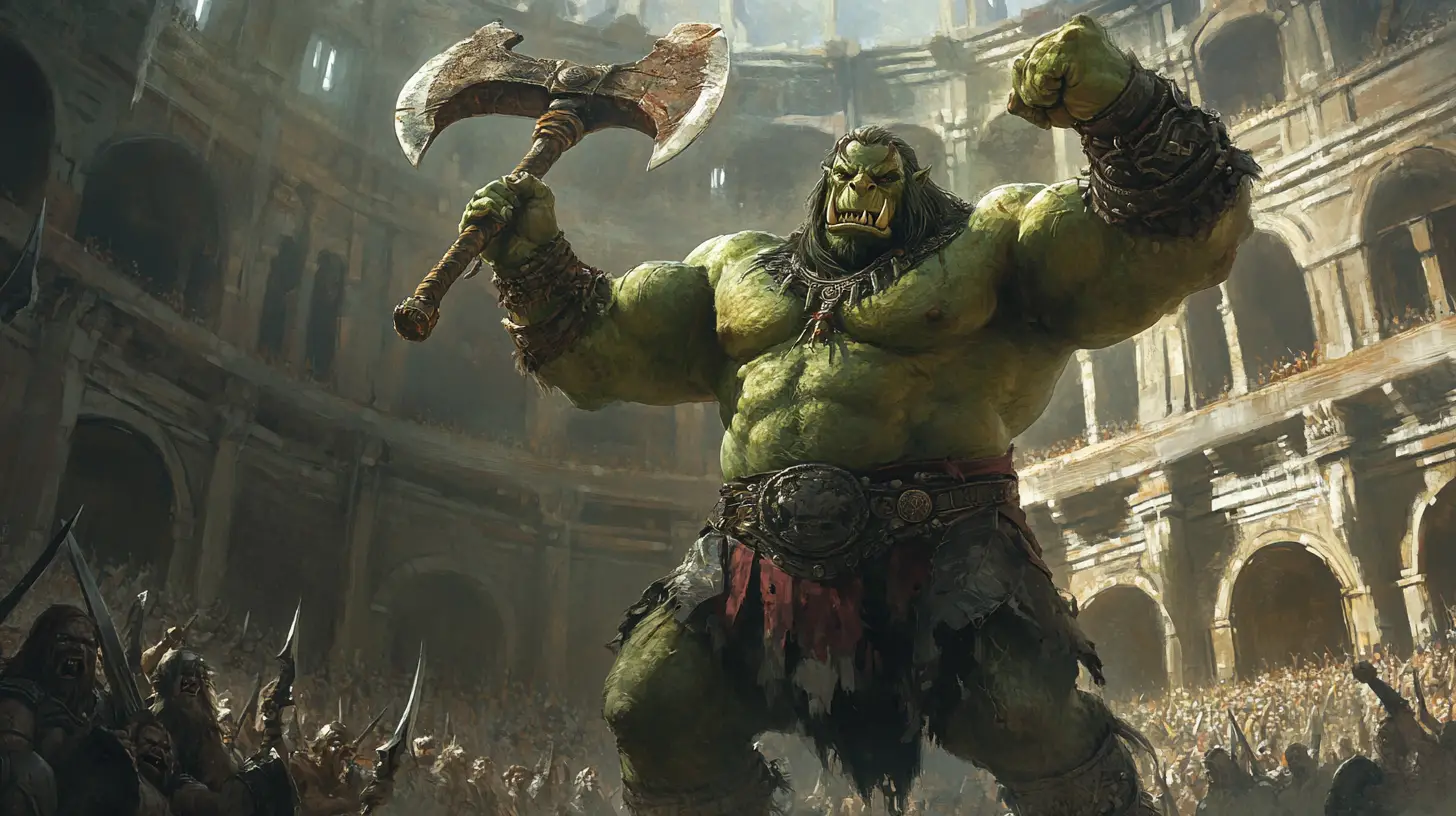 Triumphant orc warrior raising axe in gladiator arena
