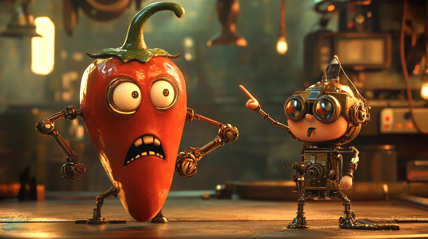 Steampunk chili warrior facing a brave mechanical boy