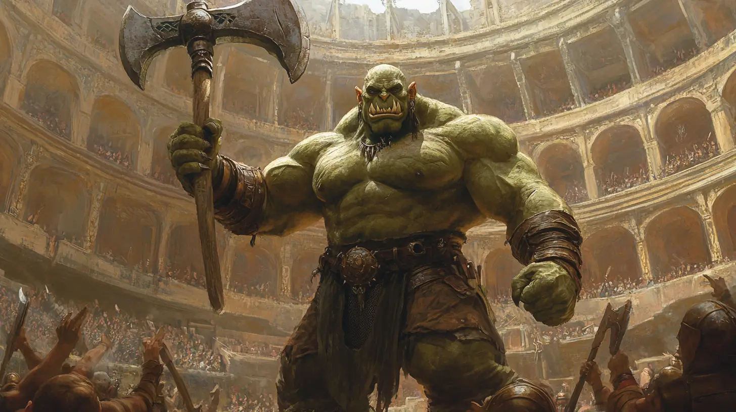 Victorious orc warrior raising battle axe in grand coliseum