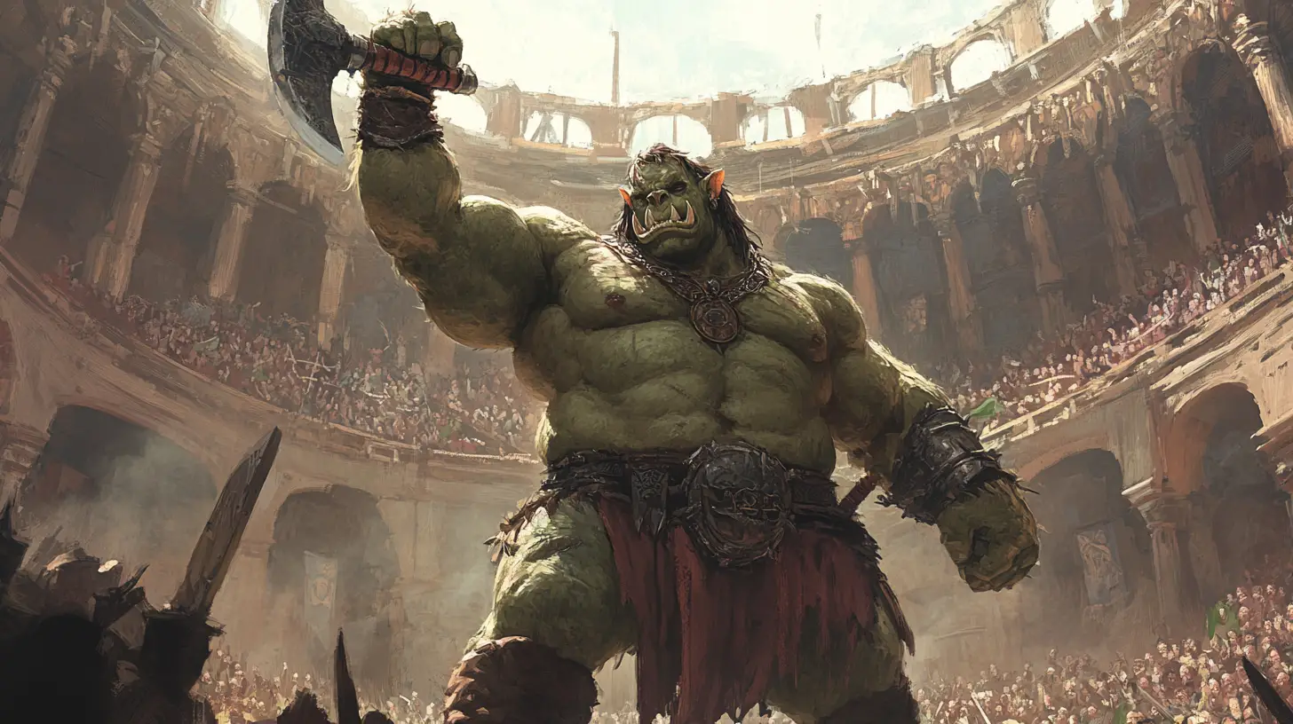 Victorious orc warrior raising axe in grand coliseum