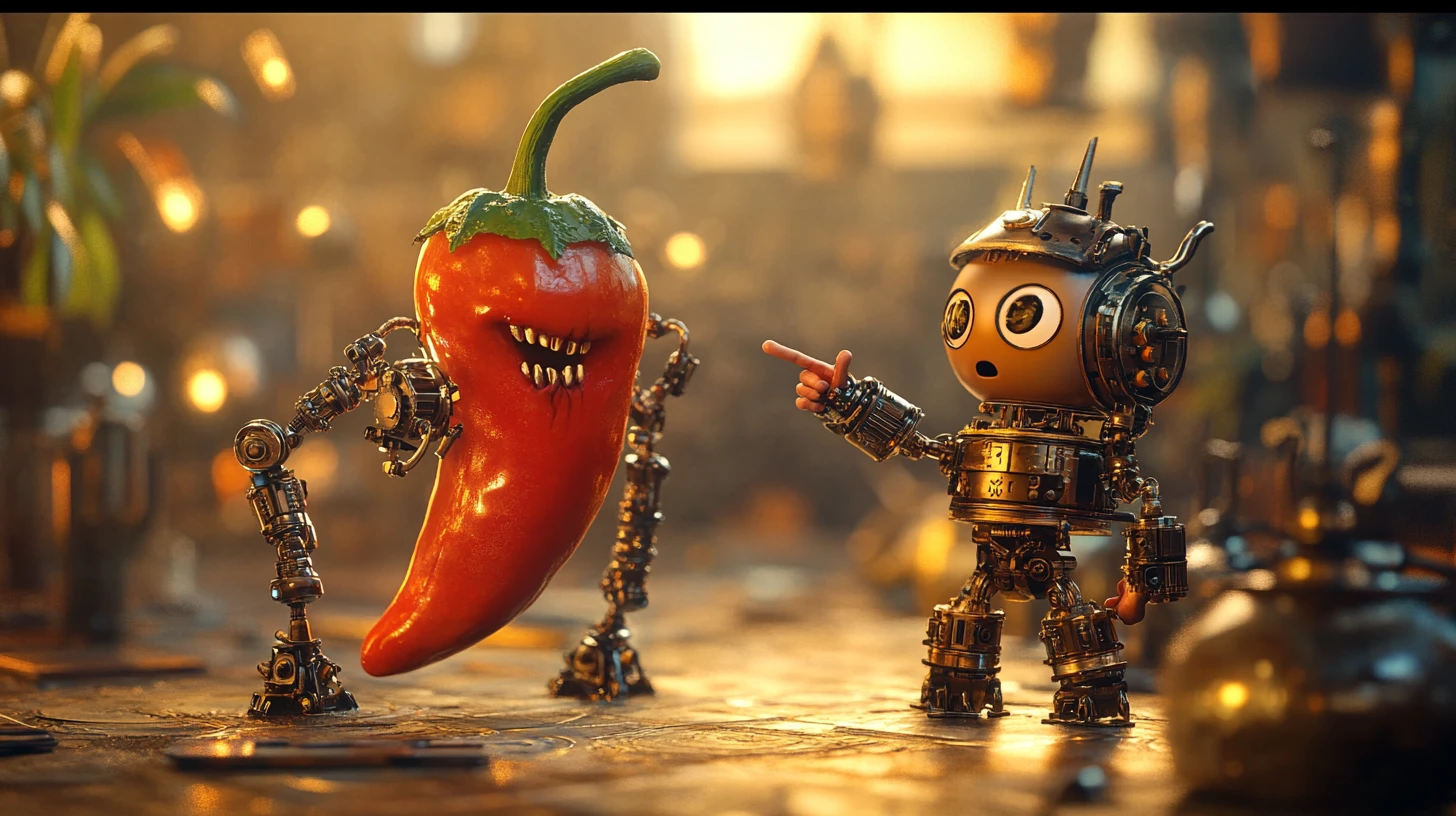 Steampunk chili warrior facing a brave mechanical boy
