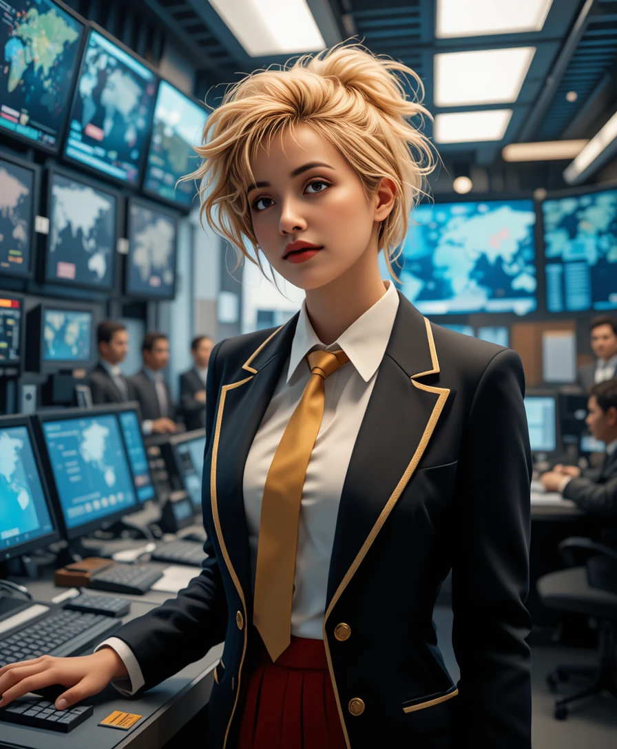 Blonde officer in red skirt in high tech command center