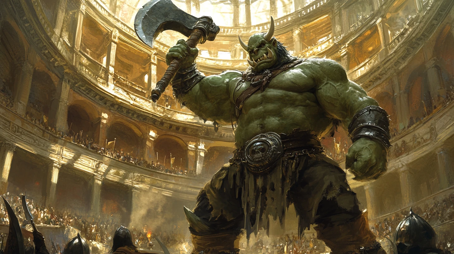 Orc warrior raising battle axe in vast gladiator arena
