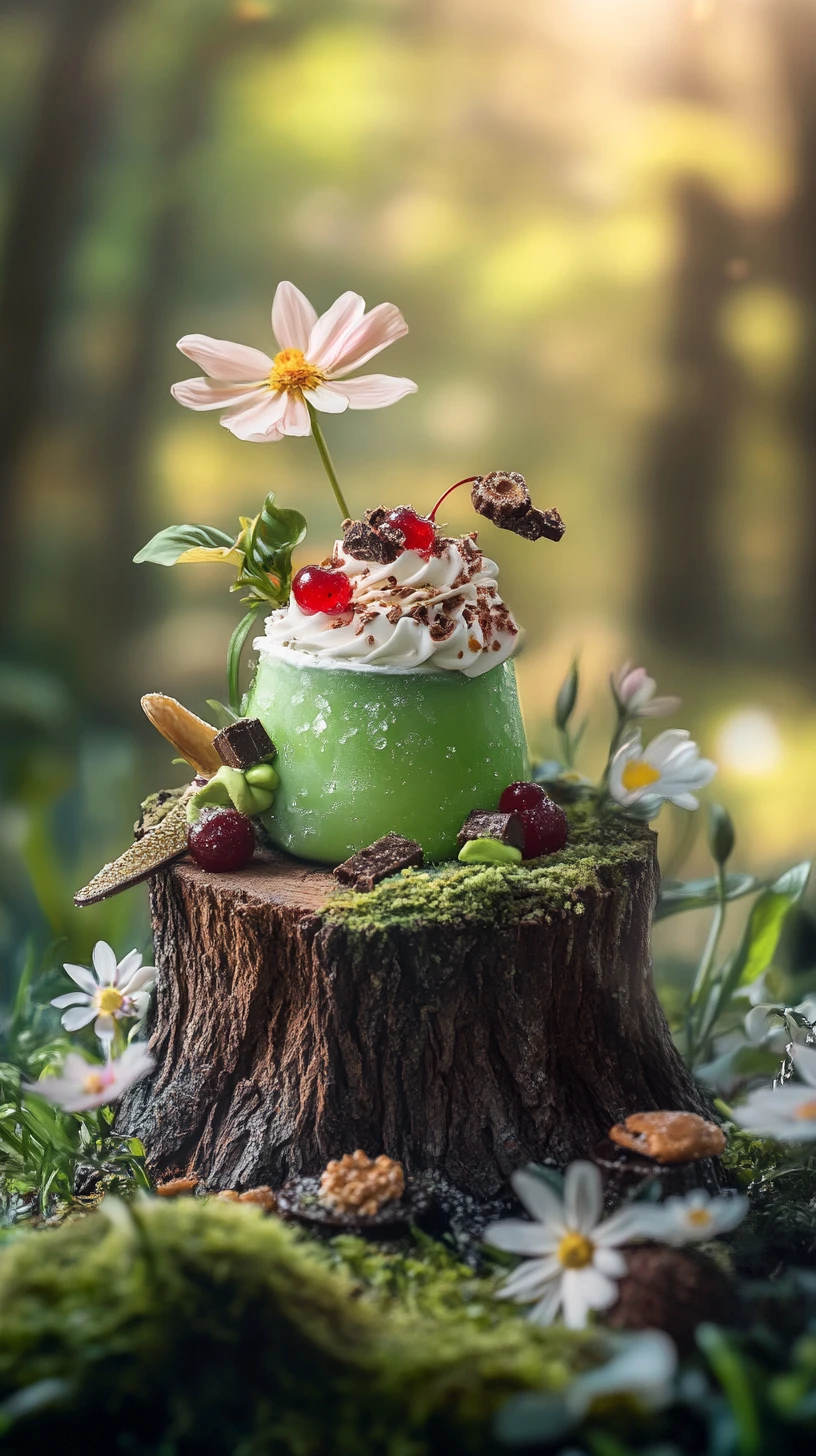 Fantasy-Dessert in einer geschnitzten Baumstumpf-Tasse serviert