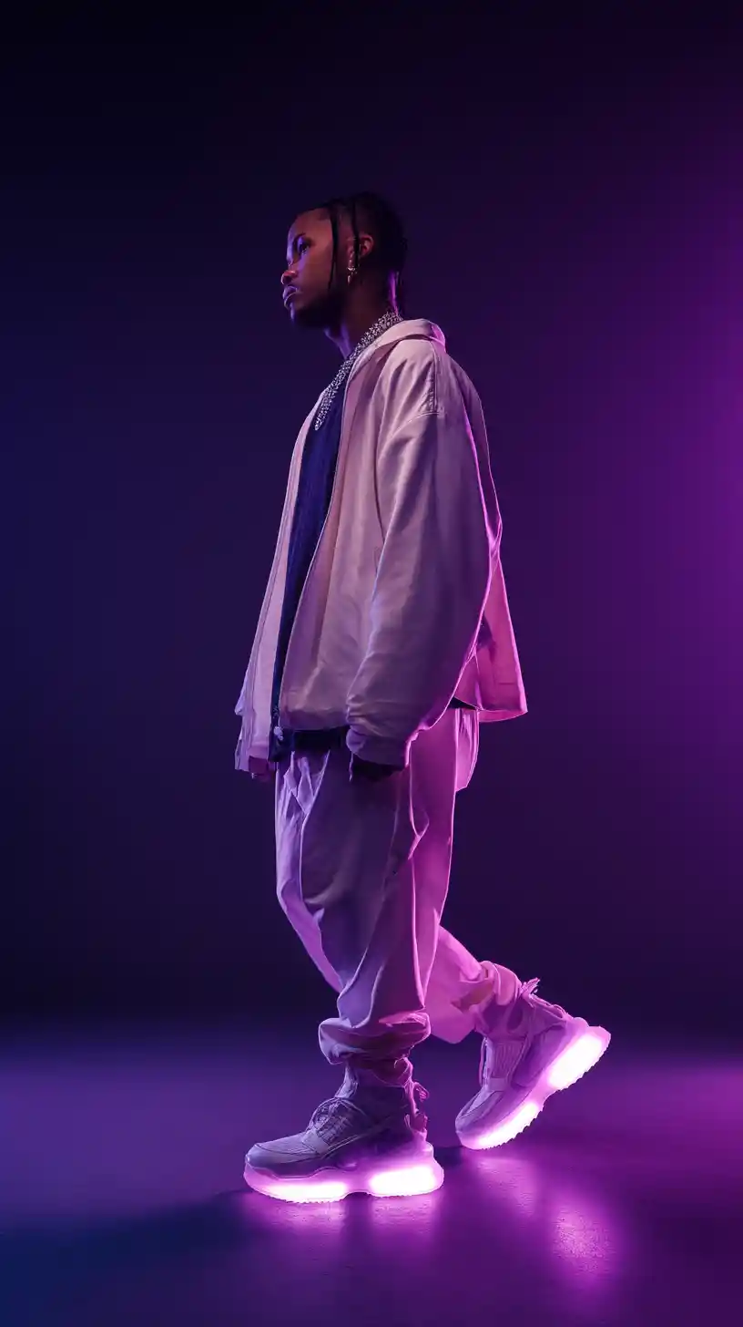 Neon lit fashion model in cyberpunk streetwear profile pose